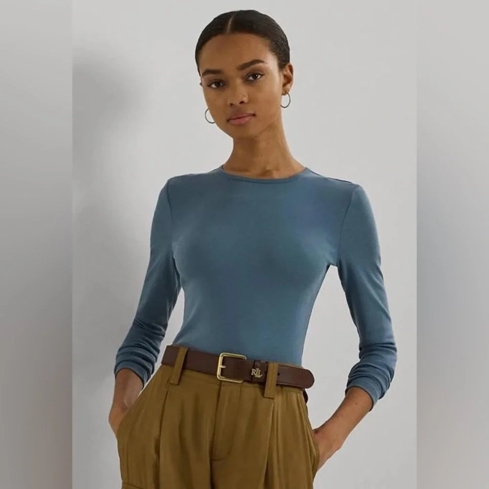 NWT Ralph Lauren Classic Long Sleeve Crew Neck Top in Dusty Blue Size S - Picture 1 of 9